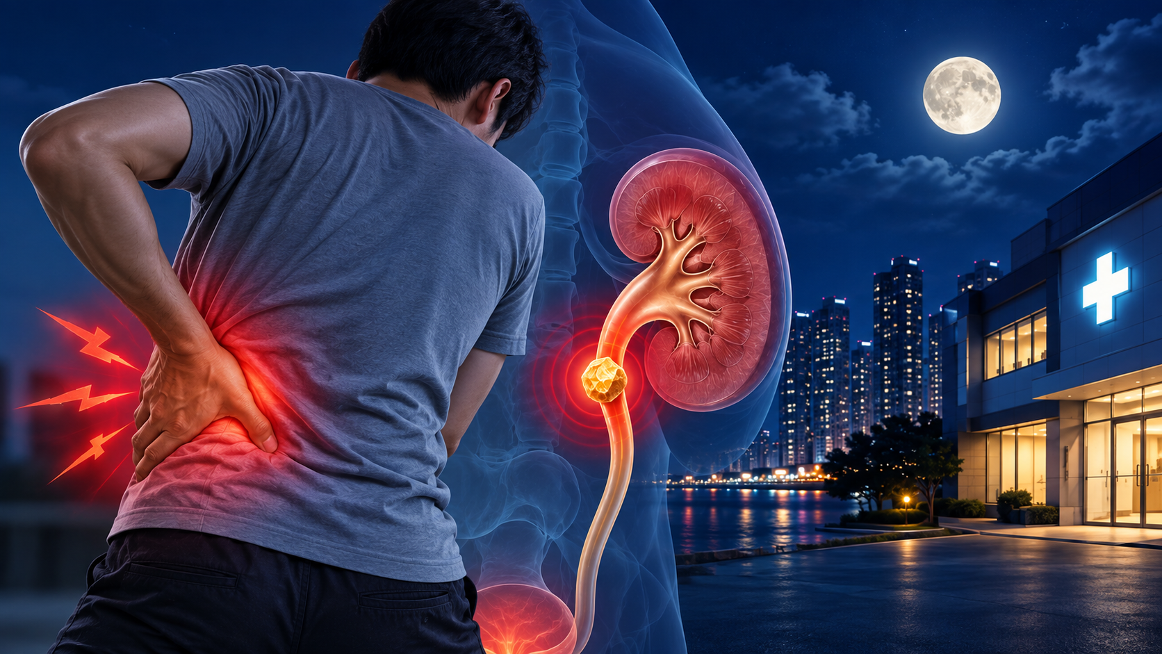 야간·휴일 요로결석 진료 안내 — 달빛 아래 심한 옆구리 통증과 요로결석을 표현한 일러스트